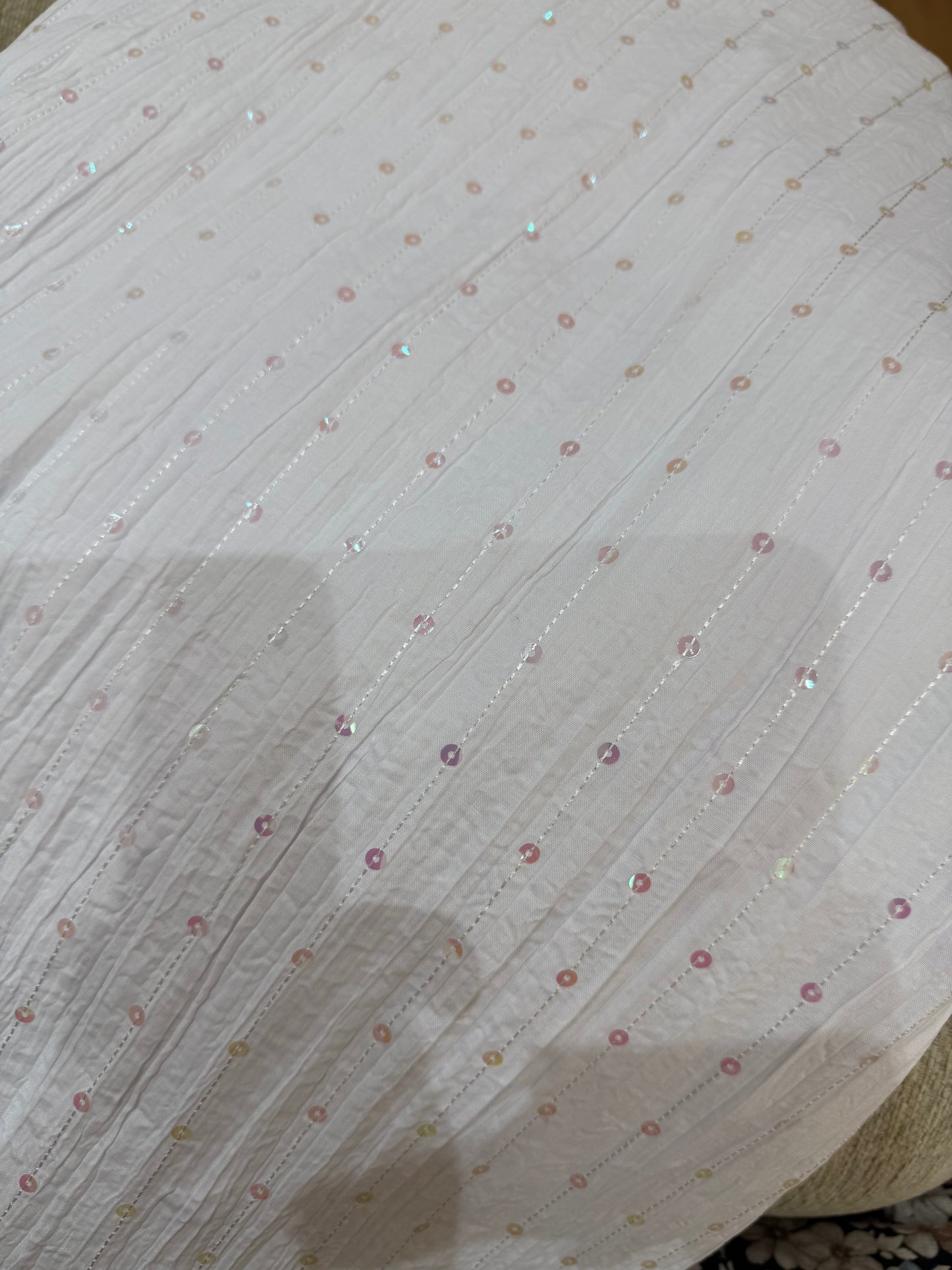 3D Soft Embroidered White Cotton Fabric And Sequins Cotton ,2.30 meters