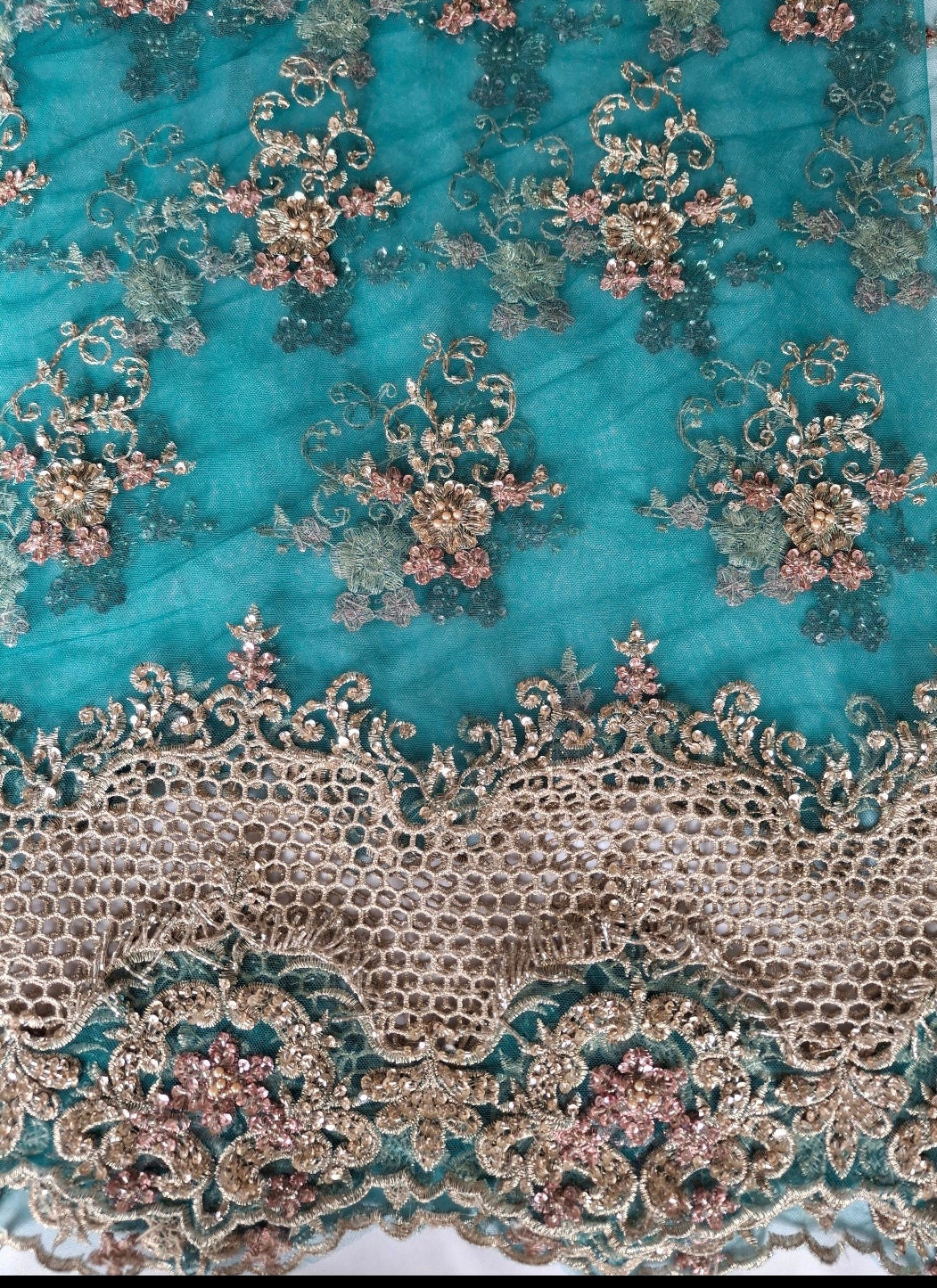 Embroidered Net Fabric with Golden Sequin(2 meters net)