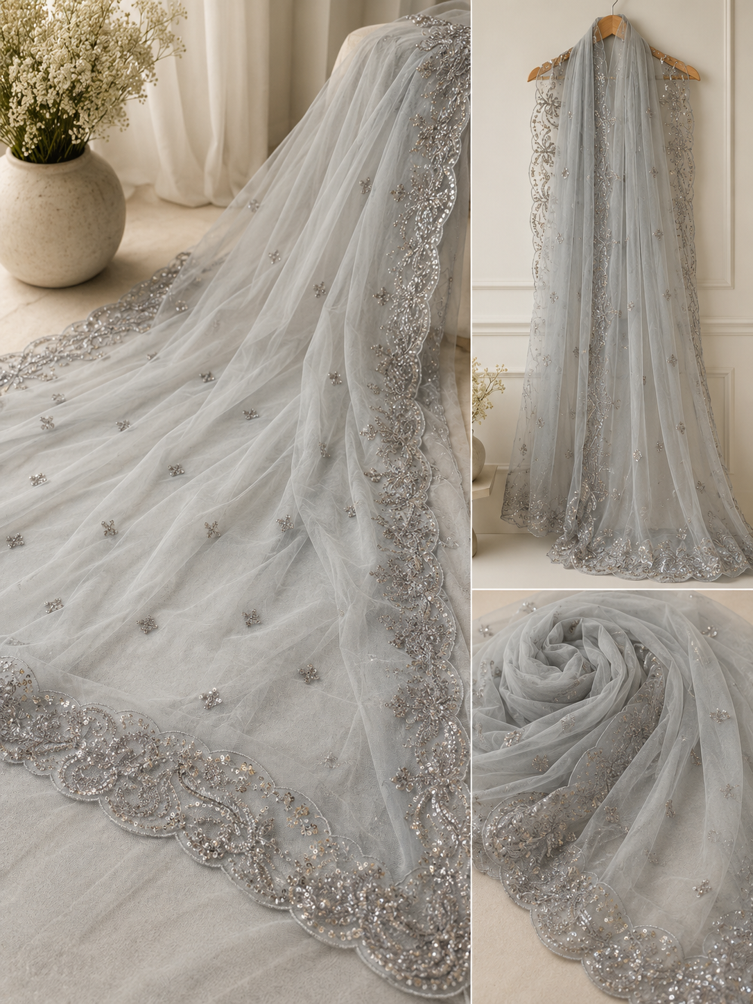 Luxurious ,Cut Dana Work,Net Dupatta Heavy Embroidered Sequins (2.3 meters)