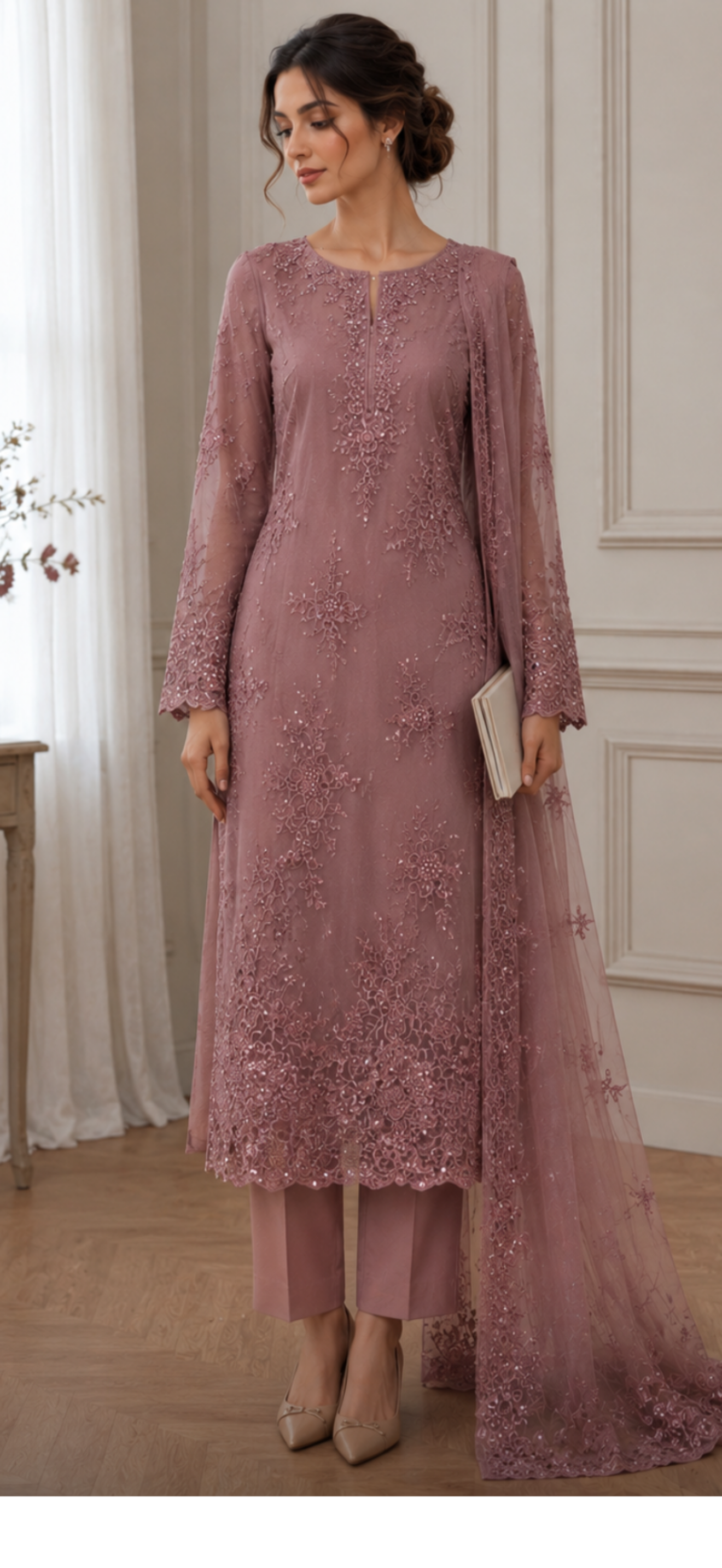 Cut Dana and Pearl Work New Style,Luxurious Embroidered Net