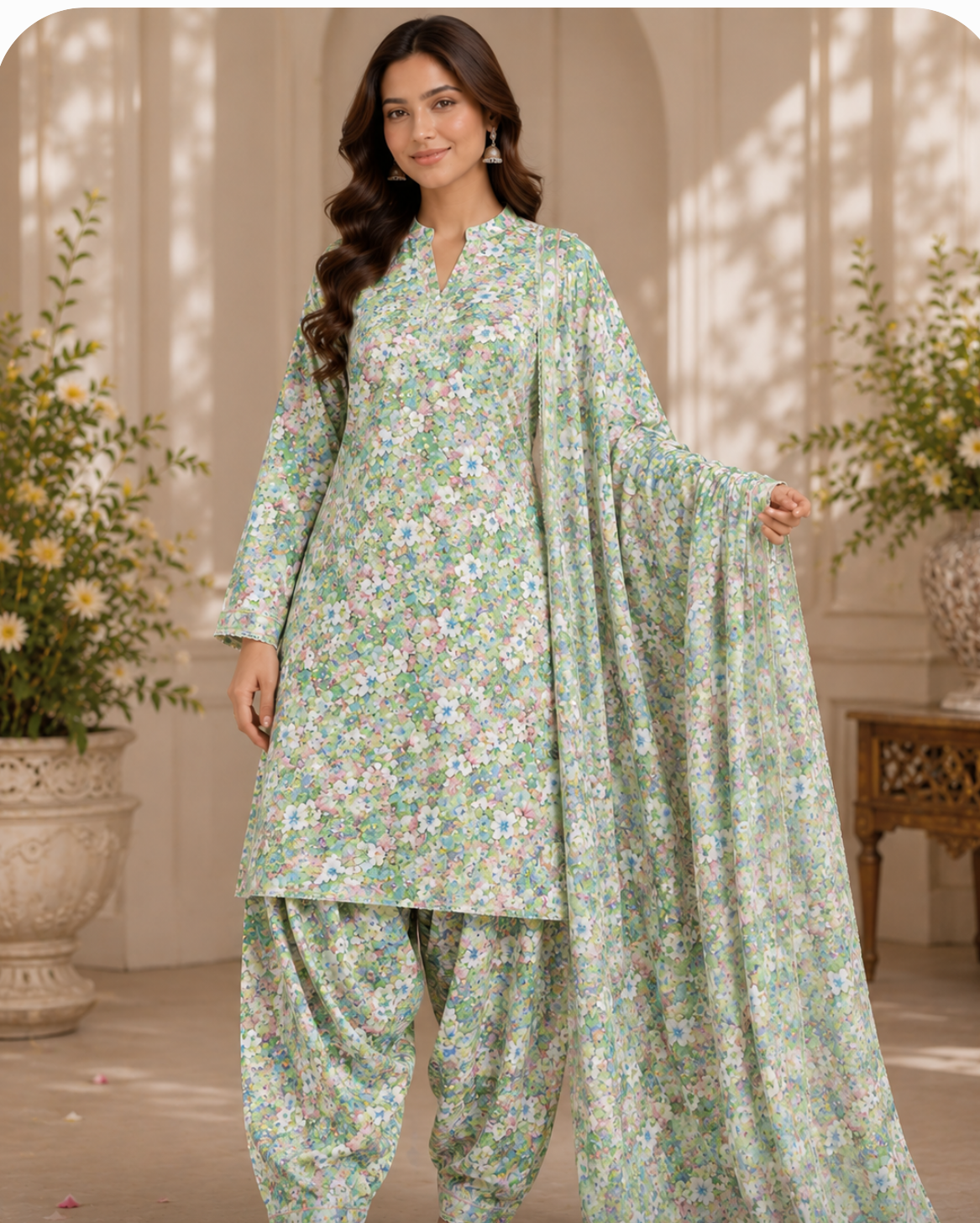 100%Cotton Lawn,60"Width Printed,4meters,UnstitchedFull Suit Set