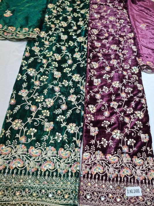 Velvet Embroidered Unstitched 3 Piece Suit Set,With Velvet Embroidered Shawls