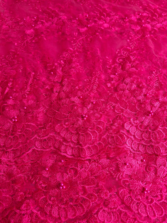 Shoking Hot Pink 3D Beaded Floral Embroidered Lace Fabric – 60″ Width (Sold by the Meters)