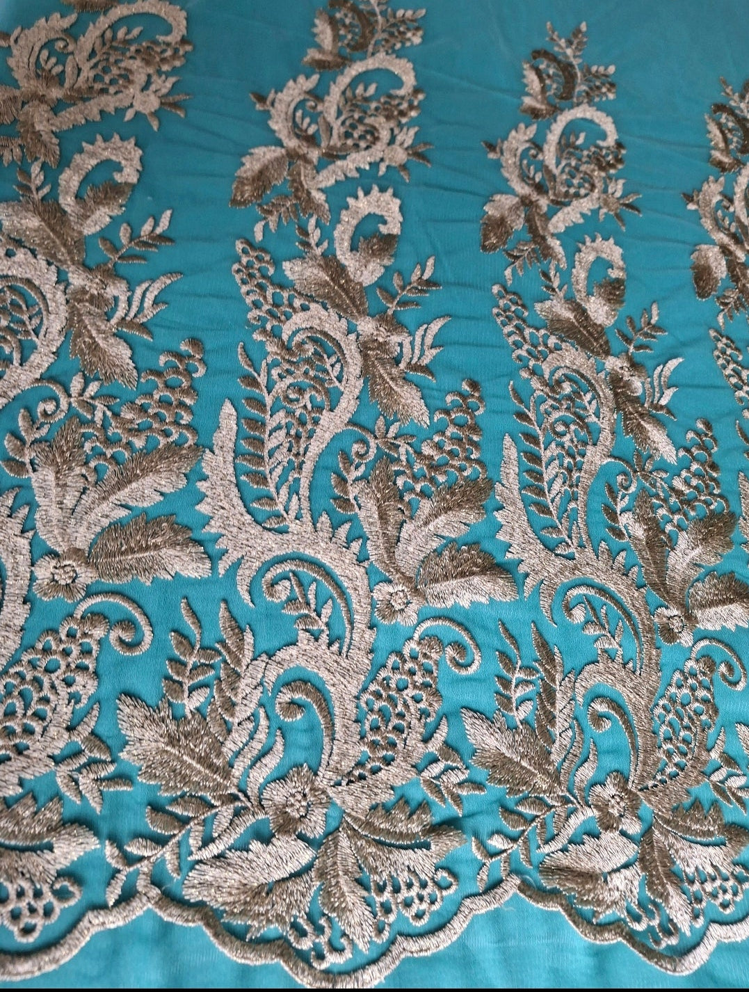 Embroidered Net Fabric with Golden Sequin(2 meters net)