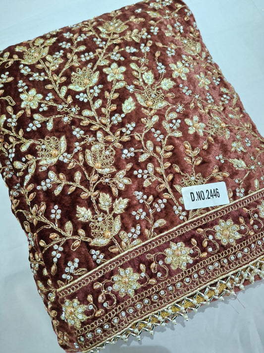 Velvet Embroidered Unstitched 3 Piece Suit Set, With Velvet Embroidered Shawls