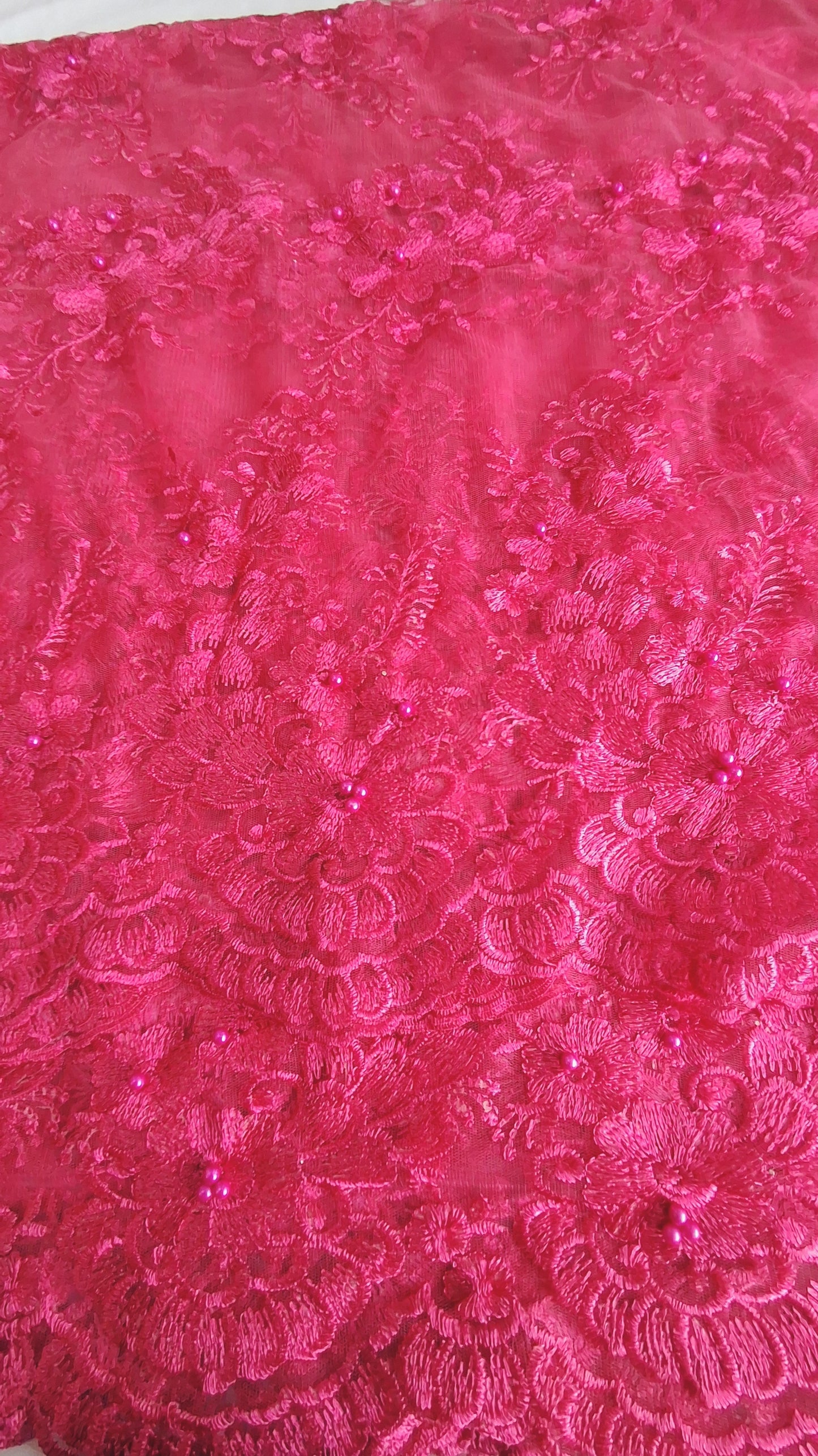 Shoking Hot Pink 3D Beaded Floral Embroidered Lace Fabric – 60″ Width (Sold by the Meters)