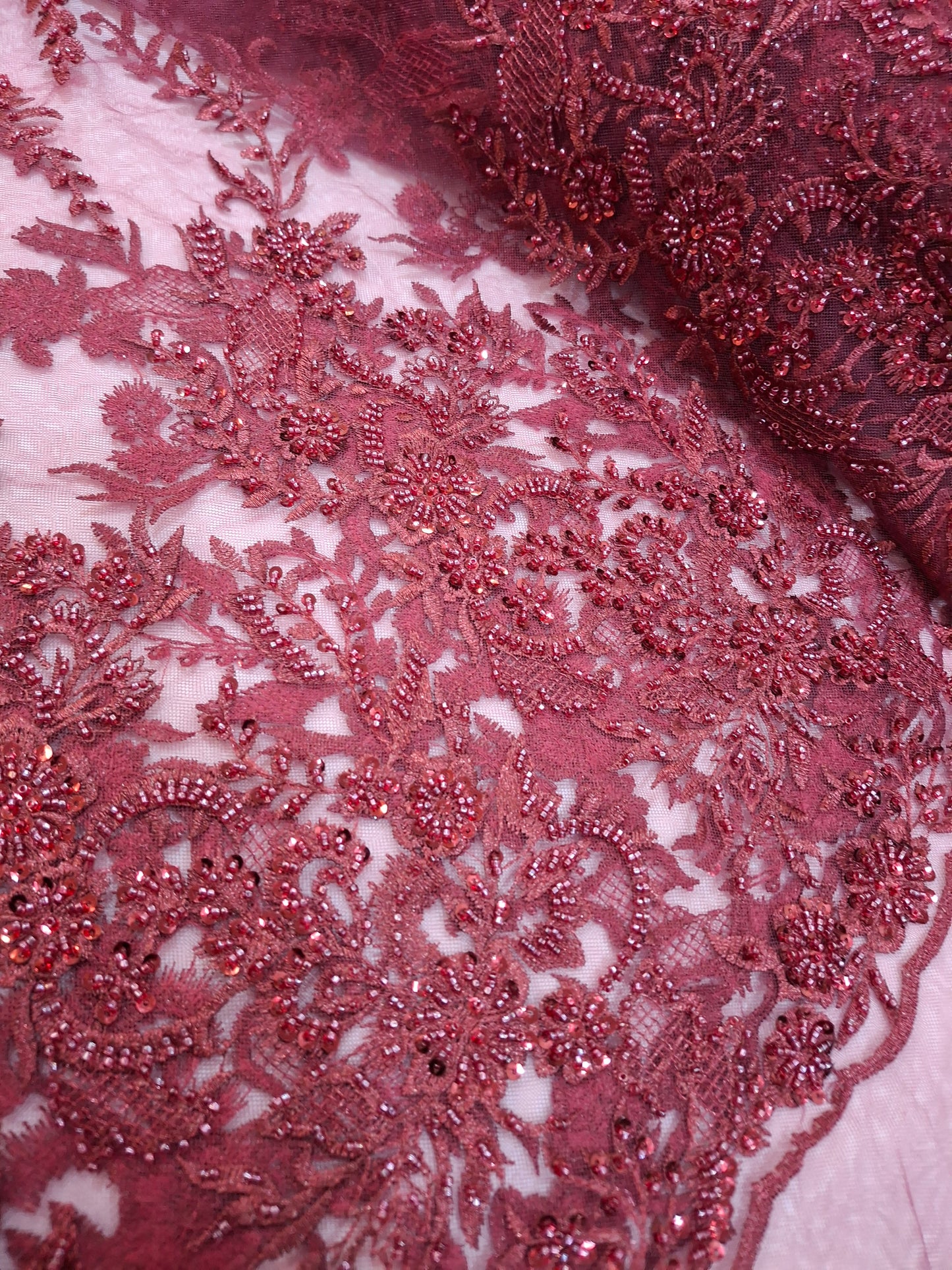 Luxurious Burgundy Beaded Embroidered 3D Floral Net(2 meters)