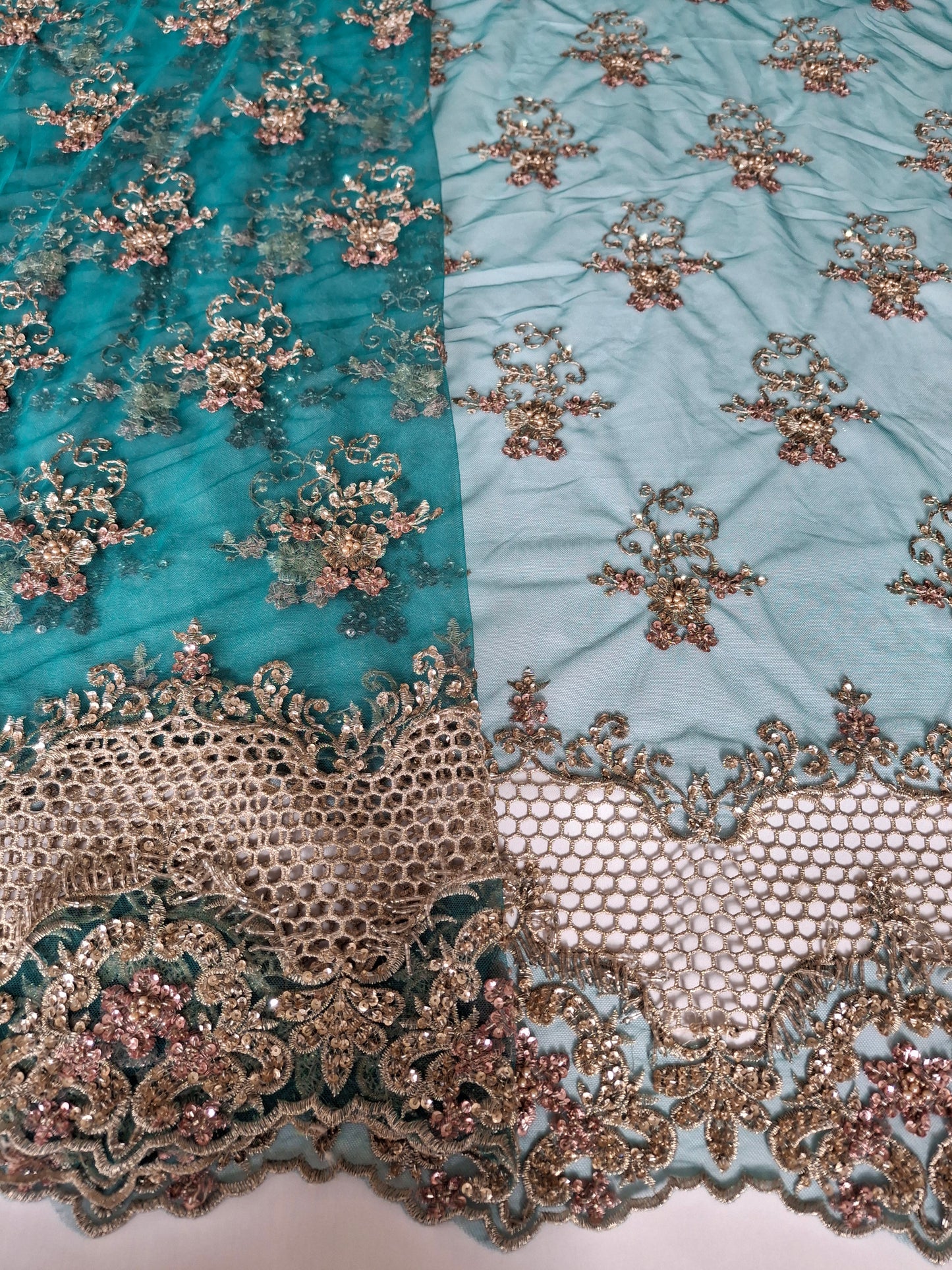 Embroidered Net Fabric with Golden Sequin(2 meters net)