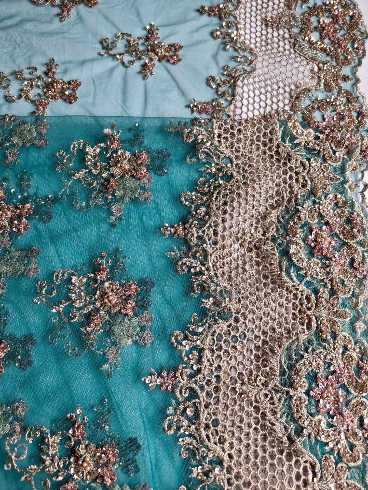 Embroidered Net Fabric with Golden Sequin(2 meters net)