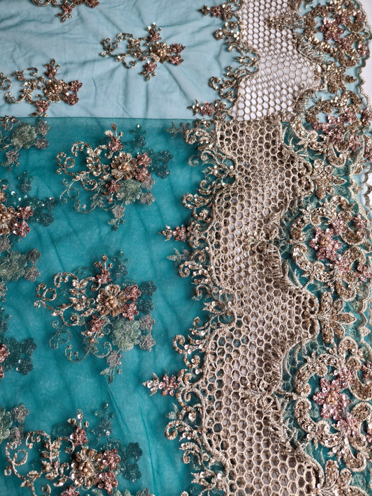 Embroidered Net Fabric with Golden Sequin(2 meters net)