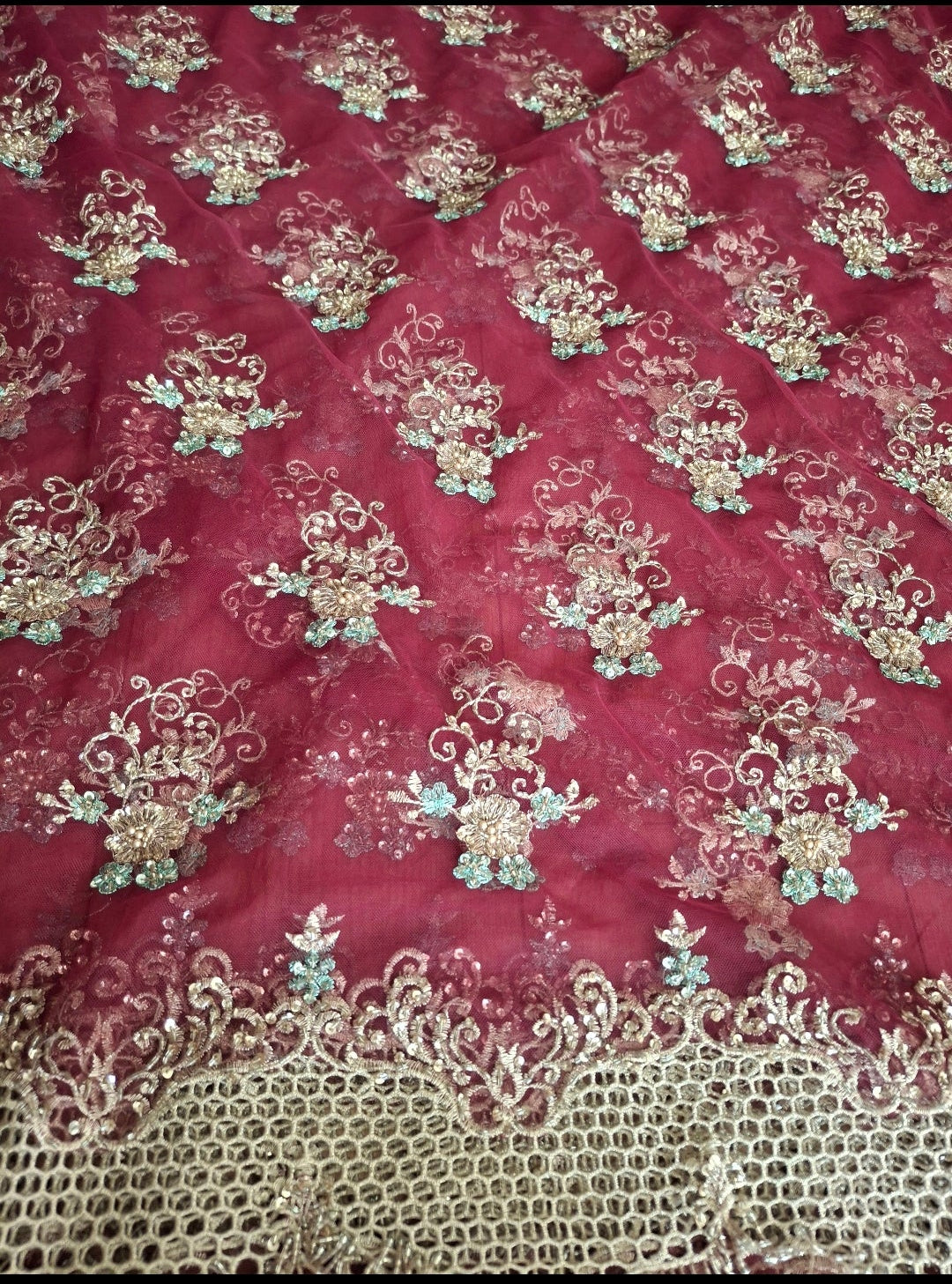 Embroidered Net Fabric with Golden Sequin(2 meters net)