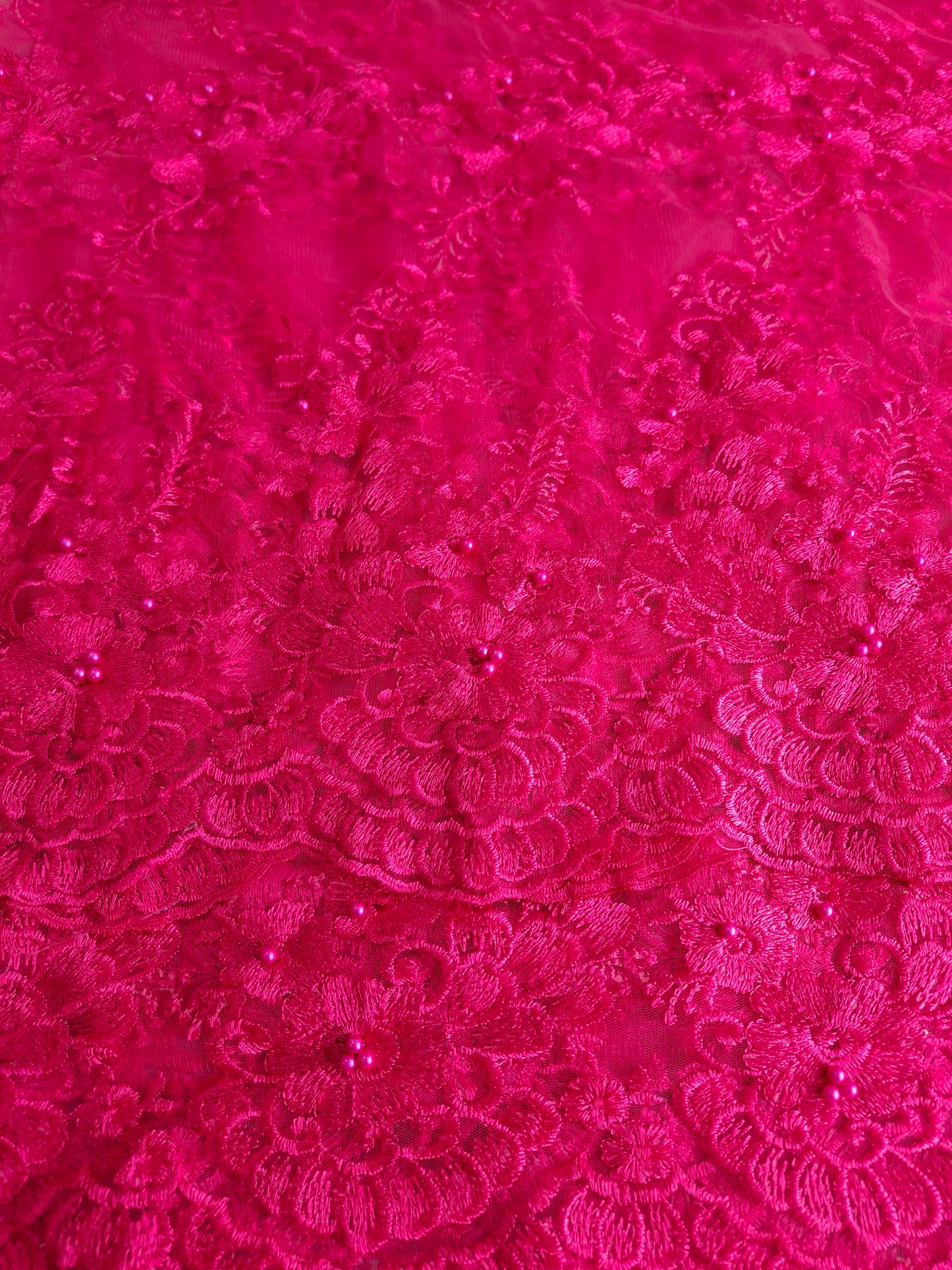Shoking Hot Pink 3D Beaded Floral Embroidered Lace Fabric – 60″ Width (Sold by the Meters)