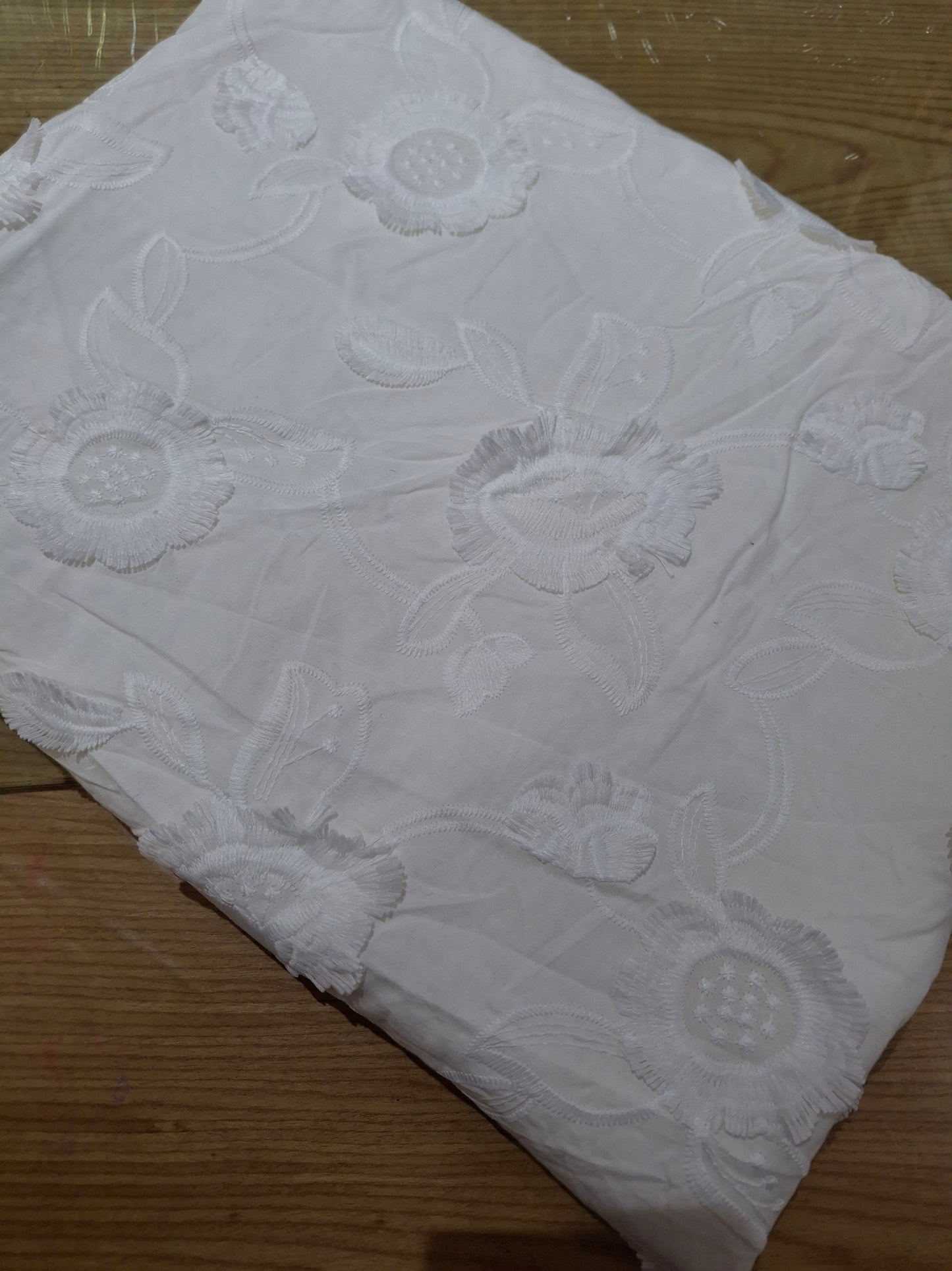 3D Soft Embroidered White Cotton Fabric And Sequins Cotton ,2.30 meters