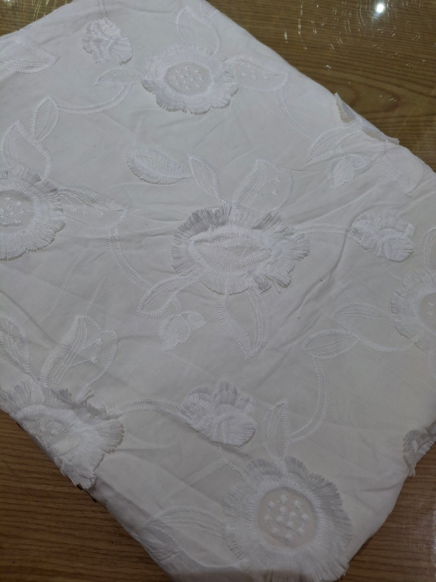 3D Soft Embroidered White Cotton Fabric And Sequins Cotton ,2.30 meters