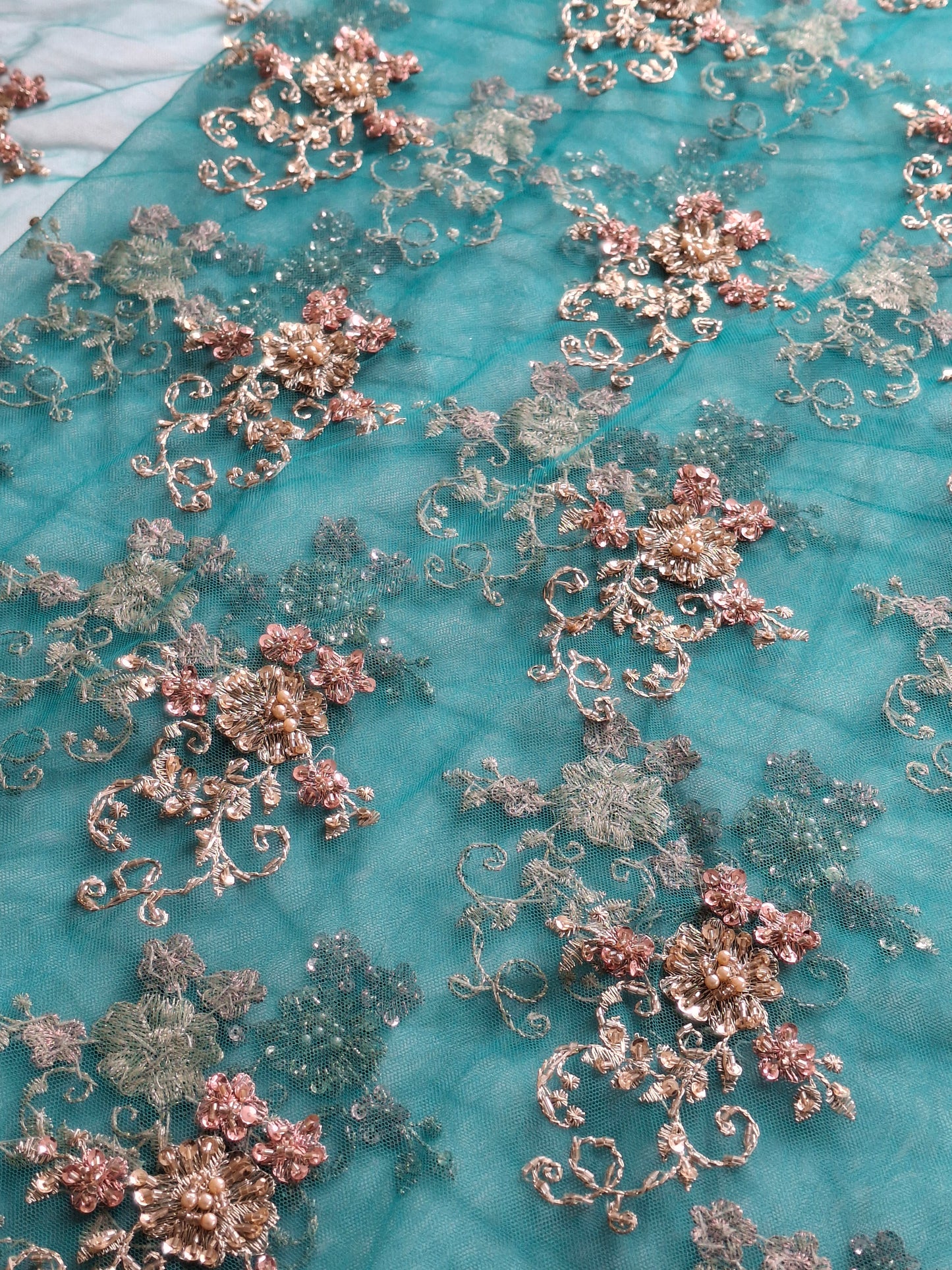 Embroidered Net Fabric with Golden Sequin(2 meters net)