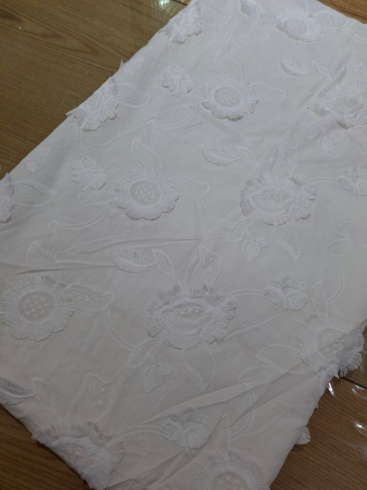 3D Soft Embroidered White Cotton Fabric, Sold by the meters