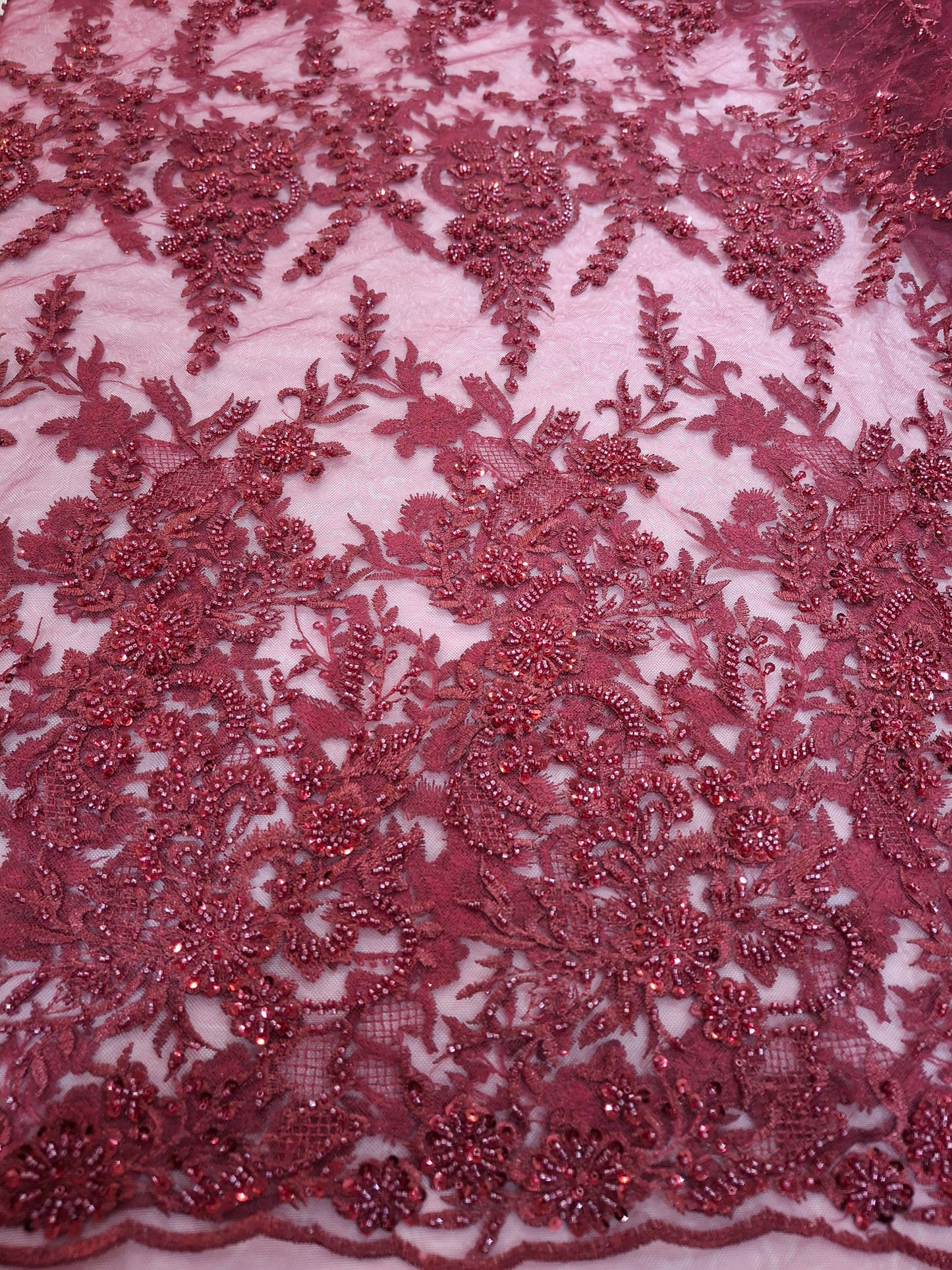 Luxurious Burgundy Beaded Embroidered 3D Floral Net(2 meters)