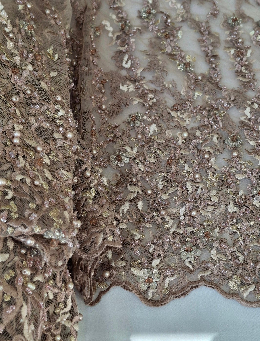 Luxurious Burgundy Beaded Embroidered 3D Floral Net(2 meters)