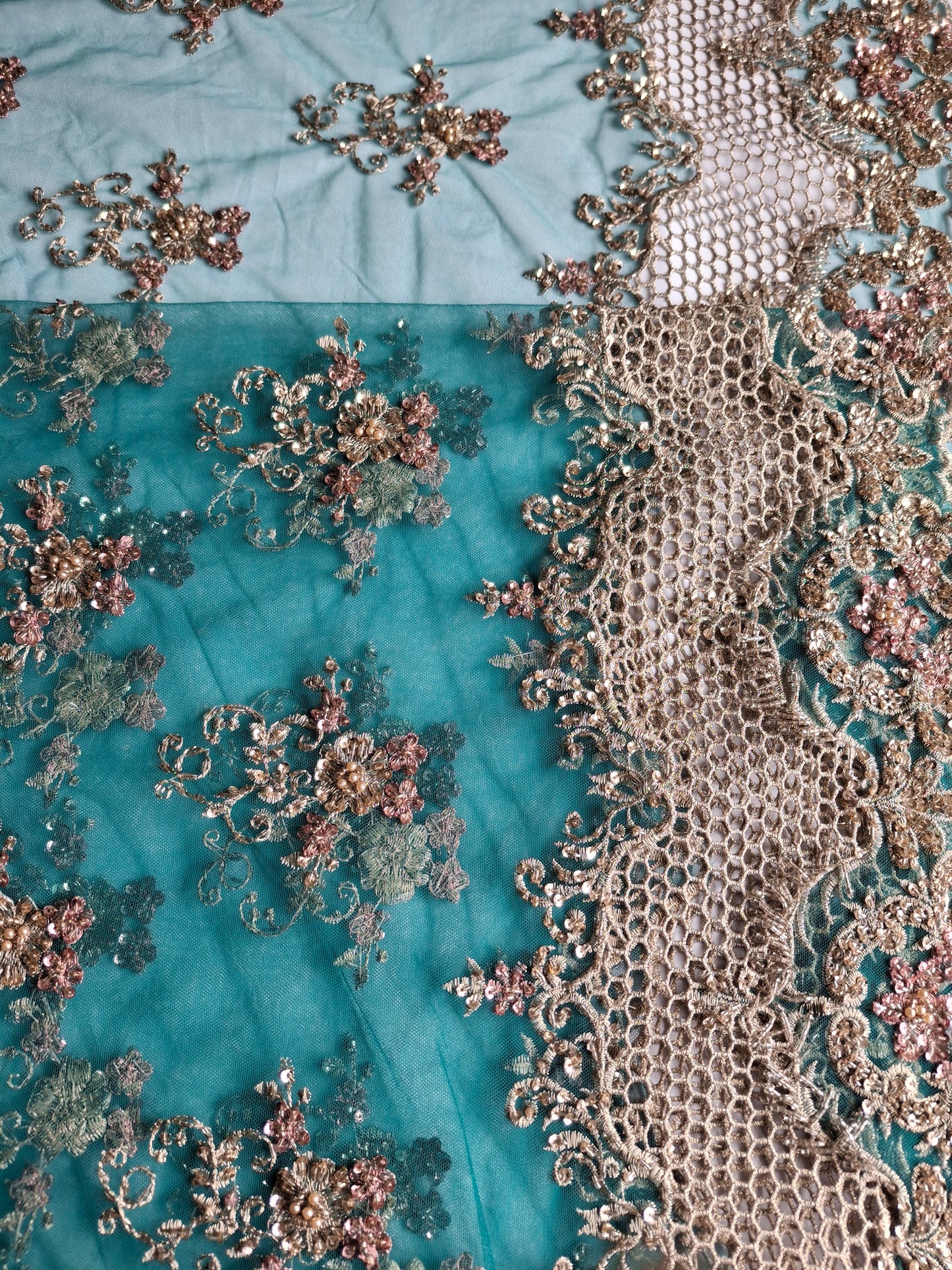 Embroidered Net Fabric with Golden Sequin(2 meters net)