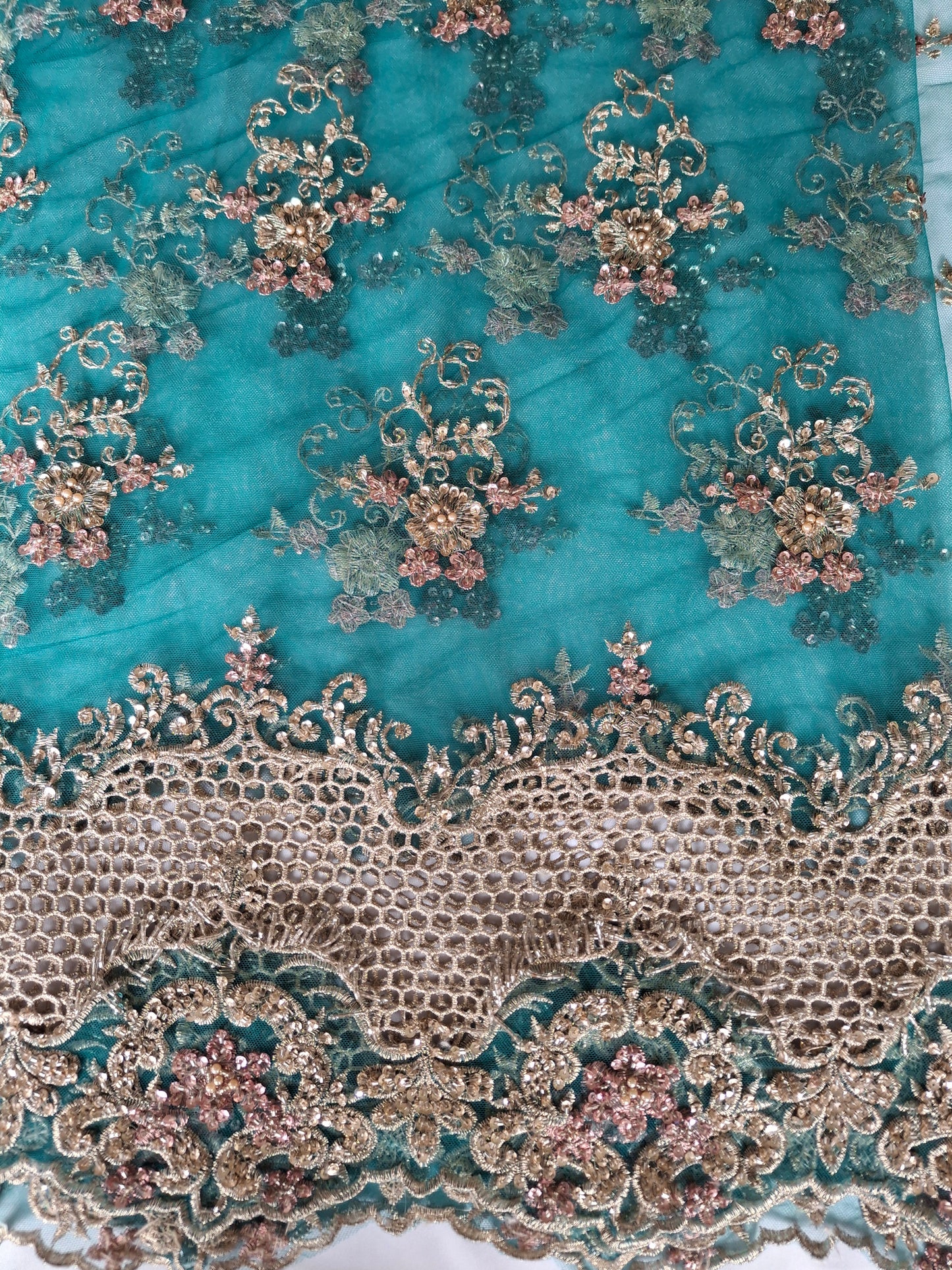 Embroidered Net Fabric with Golden Sequin(2 meters net)