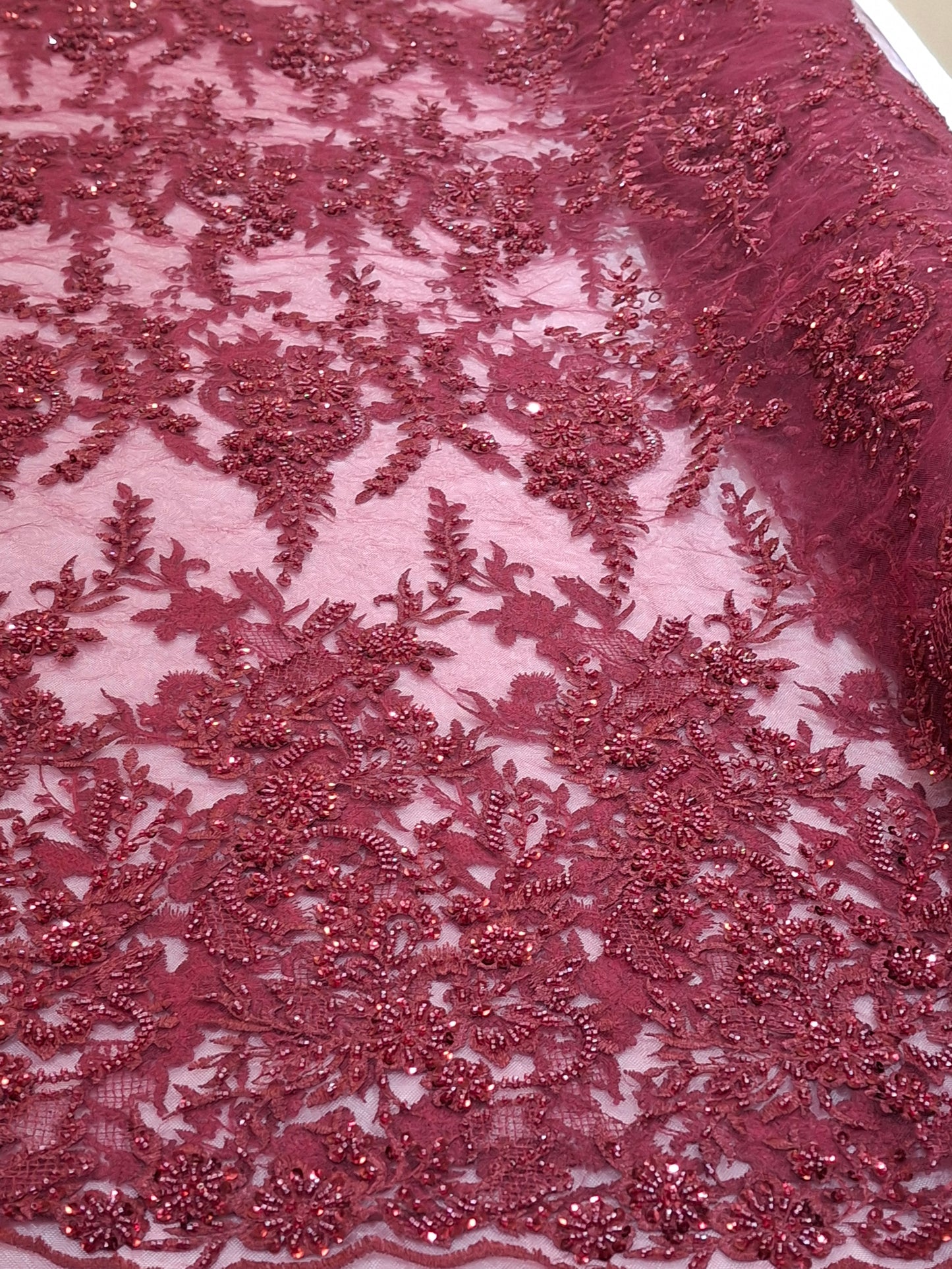 Luxurious Burgundy Beaded Embroidered 3D Floral Net(2 meters)
