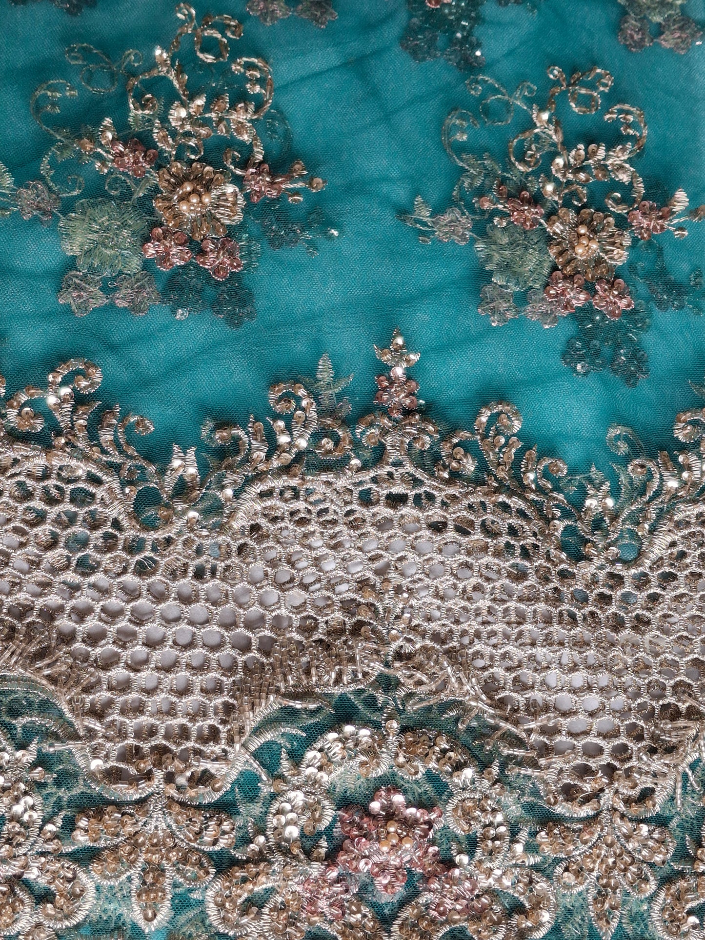 Embroidered Net Fabric with Golden Sequin(2 meters net)