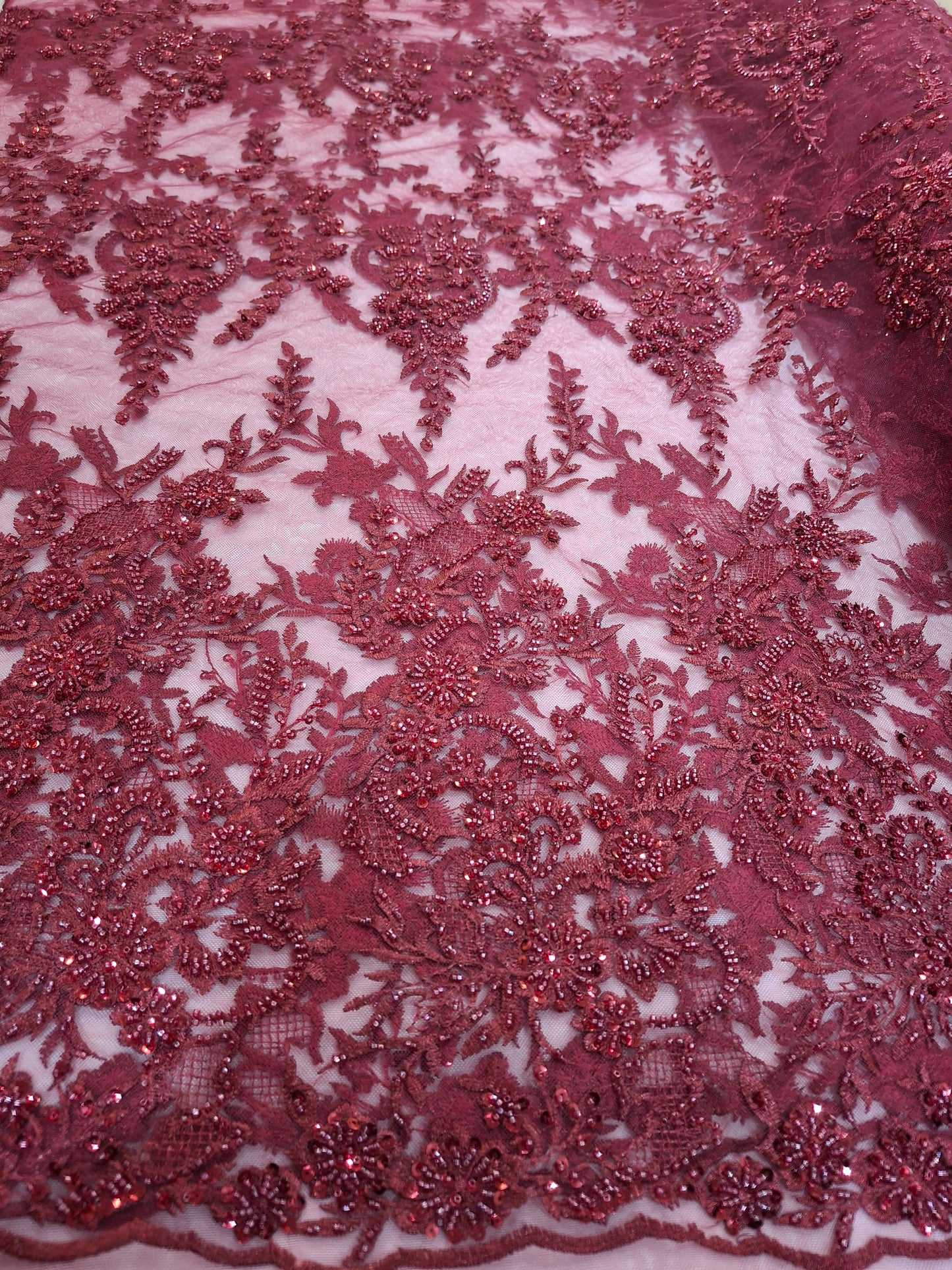 Luxurious Burgundy Beaded Embroidered 3D Floral Net(2 meters)
