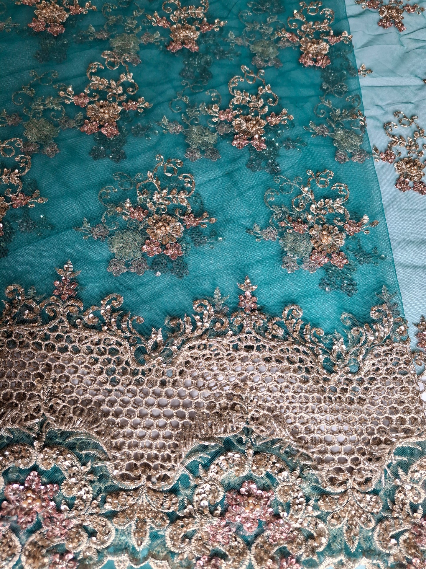 Embroidered Net Fabric with Golden Sequin(2 meters net)