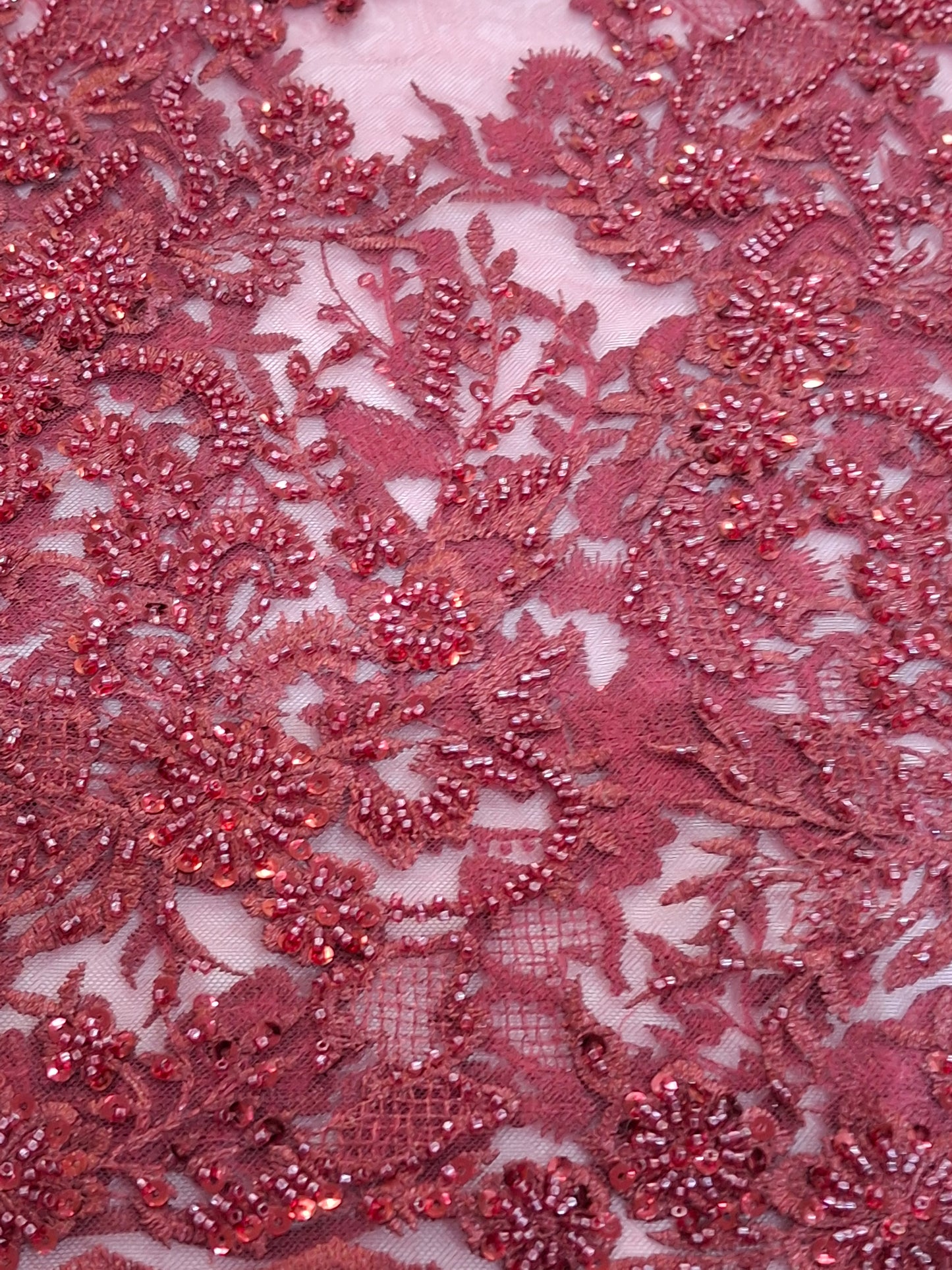 Luxurious Burgundy Beaded Embroidered 3D Floral Net(2 meters)