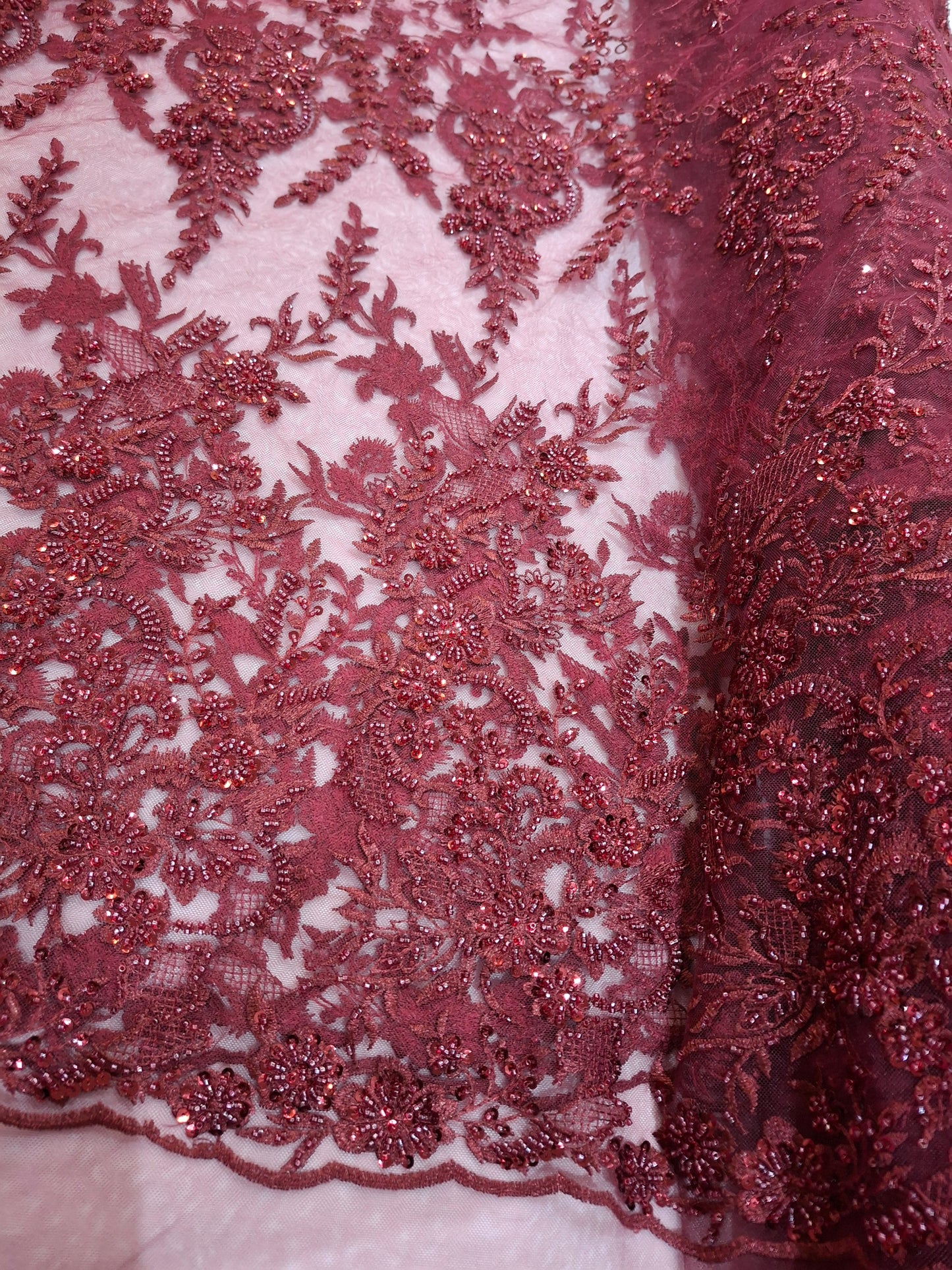 Luxurious Burgundy Beaded Embroidered 3D Floral Net(2 meters)