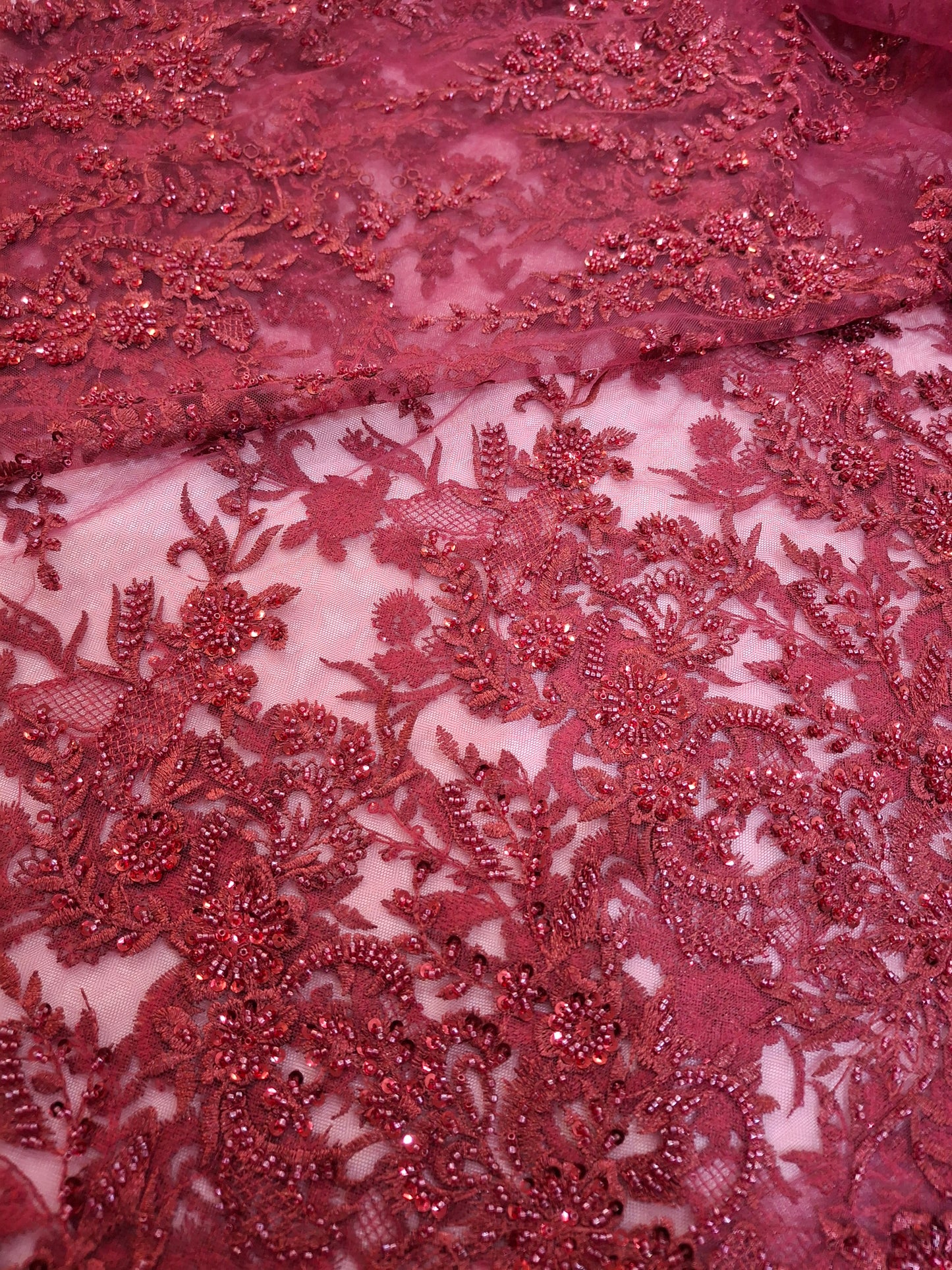 Luxurious Burgundy Beaded Embroidered 3D Floral Net(2 meters)