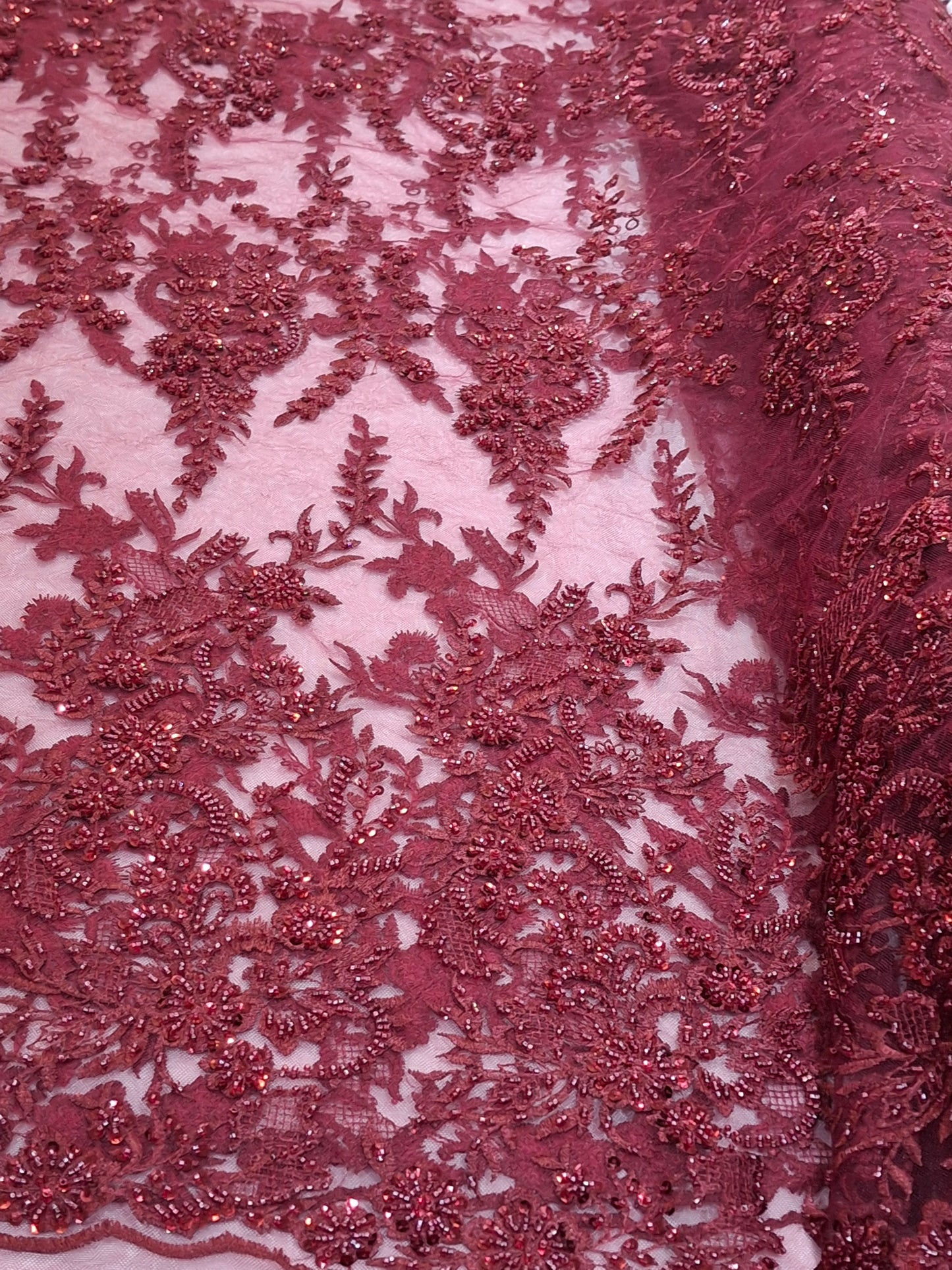 Luxurious Burgundy Beaded Embroidered 3D Floral Net(2 meters)