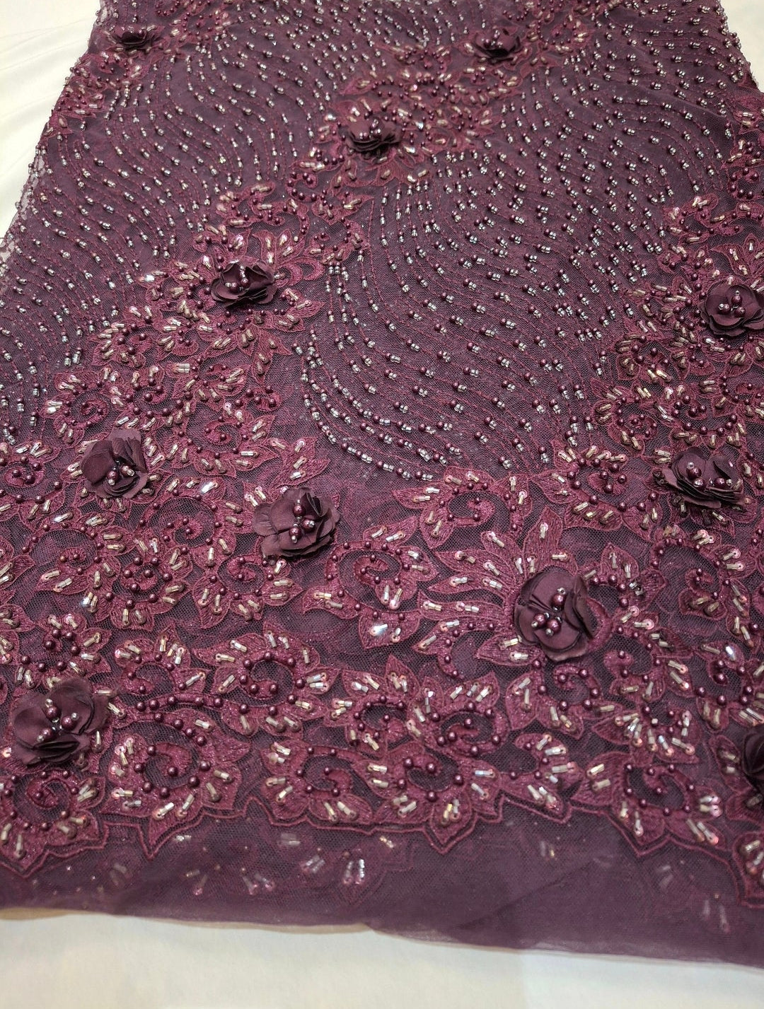 Luxurious Burgundy Beaded Embroidered 3D Floral Net(2 meters)