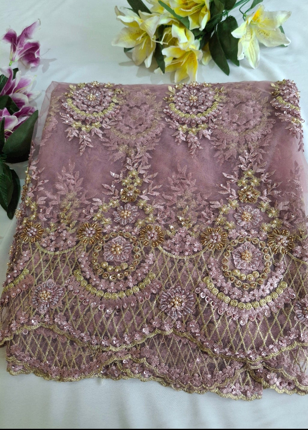 Luxurious Burgundy Beaded Embroidered 3D Floral Net(2 meters)